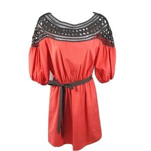 Esley Belted Dress Crocheted All Around Collar And Shoulders Size S EUC Coral